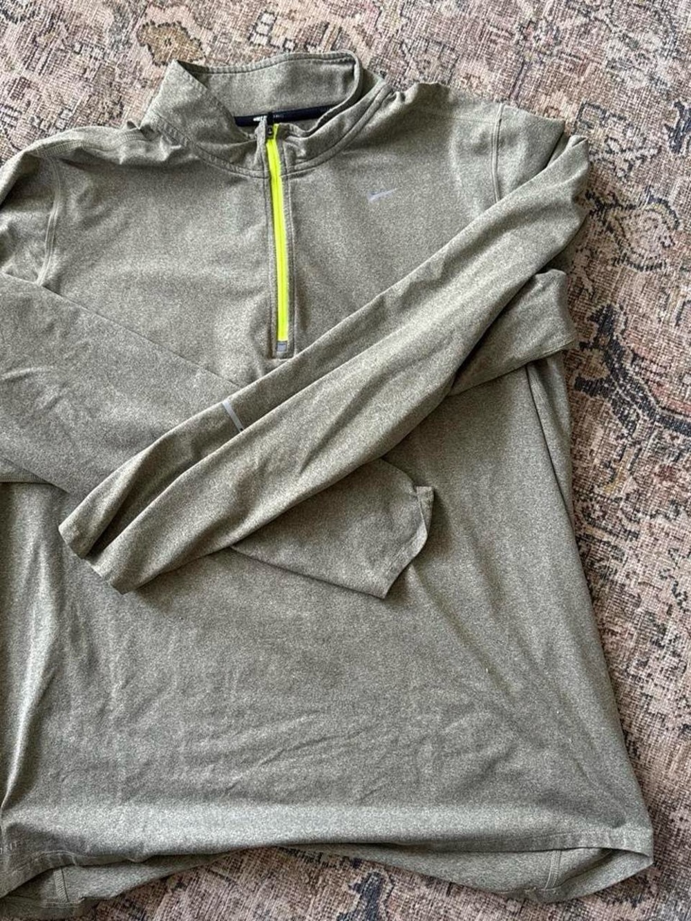Nike Men's Olive Quarter-Zip Pullover with Neon Yellow Zip